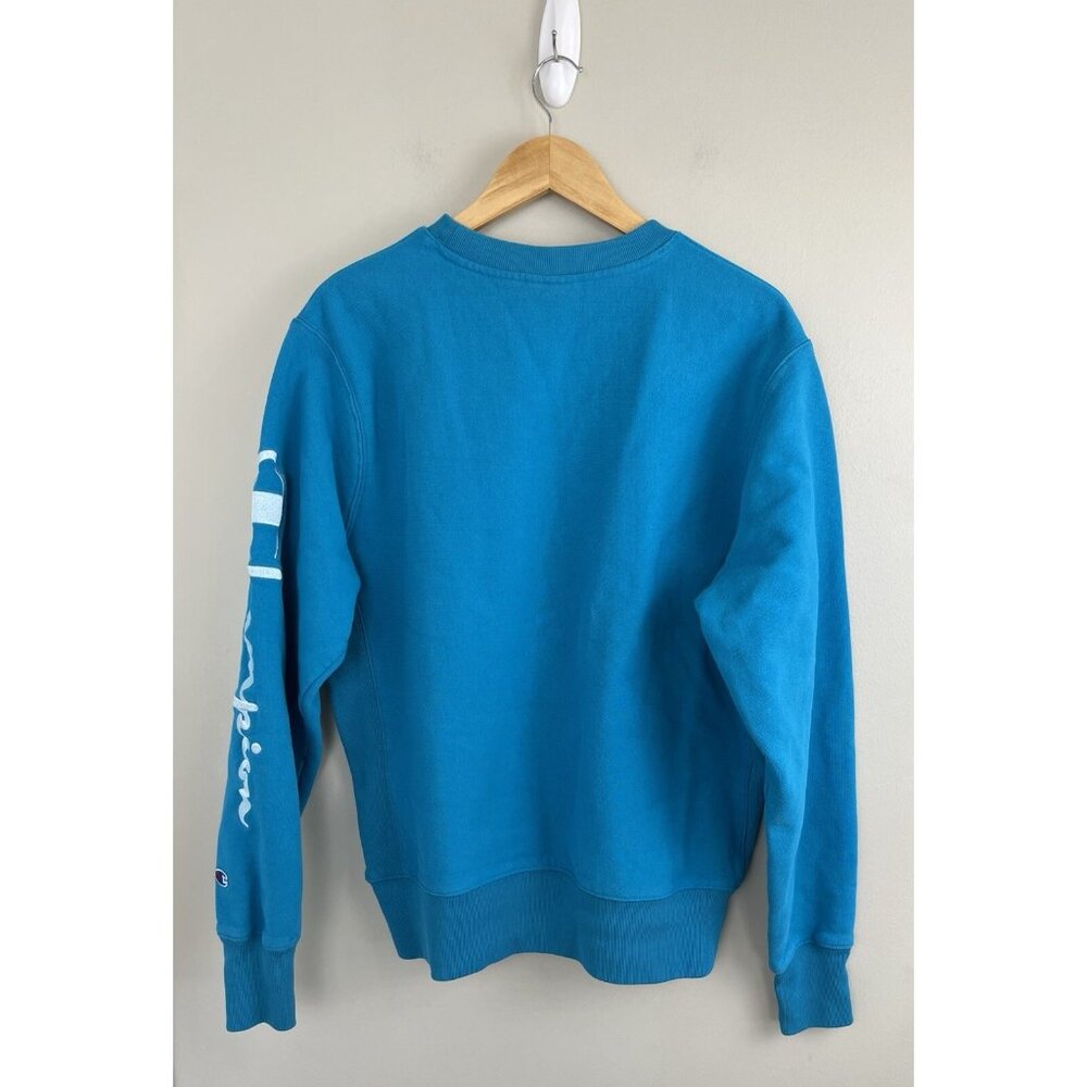 Champion Reverse Weave Arm Spell Out Crew Neck Sweatshirt Aqua Size Large - Picture 5 of 9